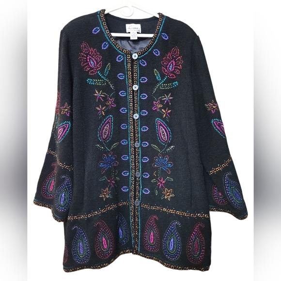 Linea by Louis Dell'Olio Jackets & Blazers - Linea By Louis Dell'Olio Black Wool Blend Long Coat Colorful Floral Sz 2X